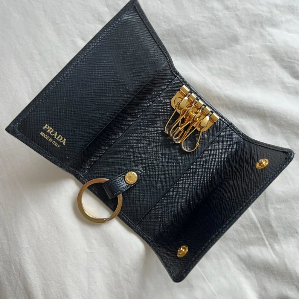 Prada Black Saffiano Leather Key & Card Holder with Gold Logo
